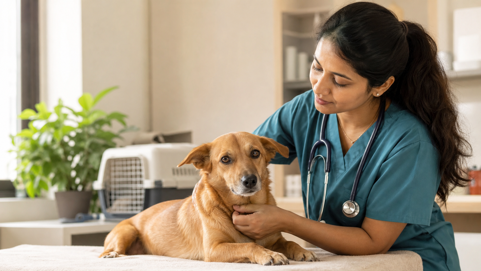 Veterinarian gently examining a dog in a calm clinic